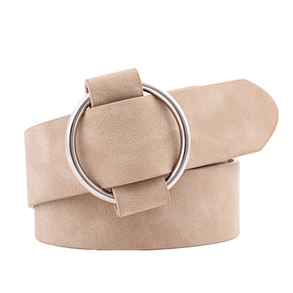 Silver Circle Buckle Faux Tan Leather Belt